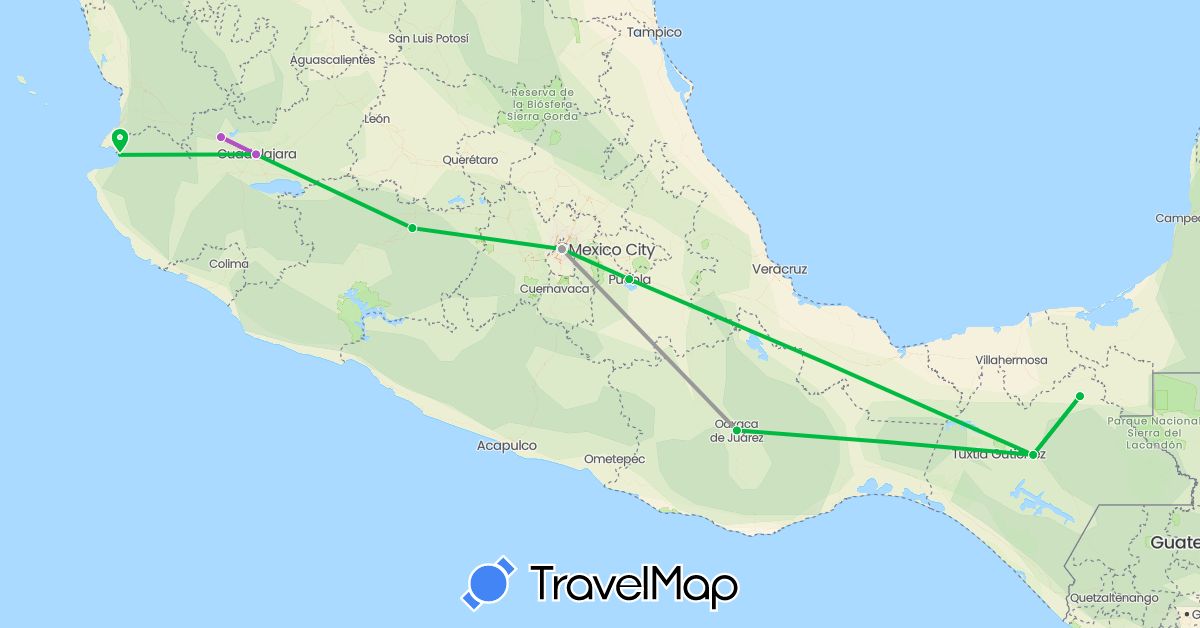 TravelMap itinerary: bus, plane, train in Mexico (North America)